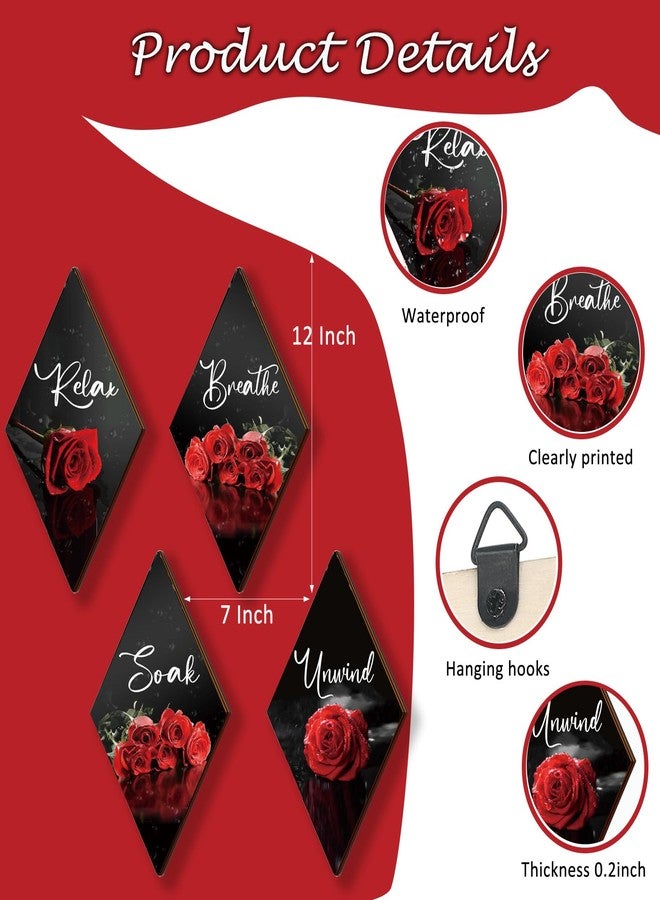 ONIZHITY مجموعة أونيزيتي من 4 قطع ديكور حمام أحمر، ديكور حائط خشبي على شكل وردة، ديكور حائط ريفي رومانسي مزين بالزهور، ديكور حائط عصري على طراز المزرعة، لافتات "تنفس، استرخِ، استجم"، ديكور أحمر للغرفة والمطبخ والحمام (12 × 7). - Image 5